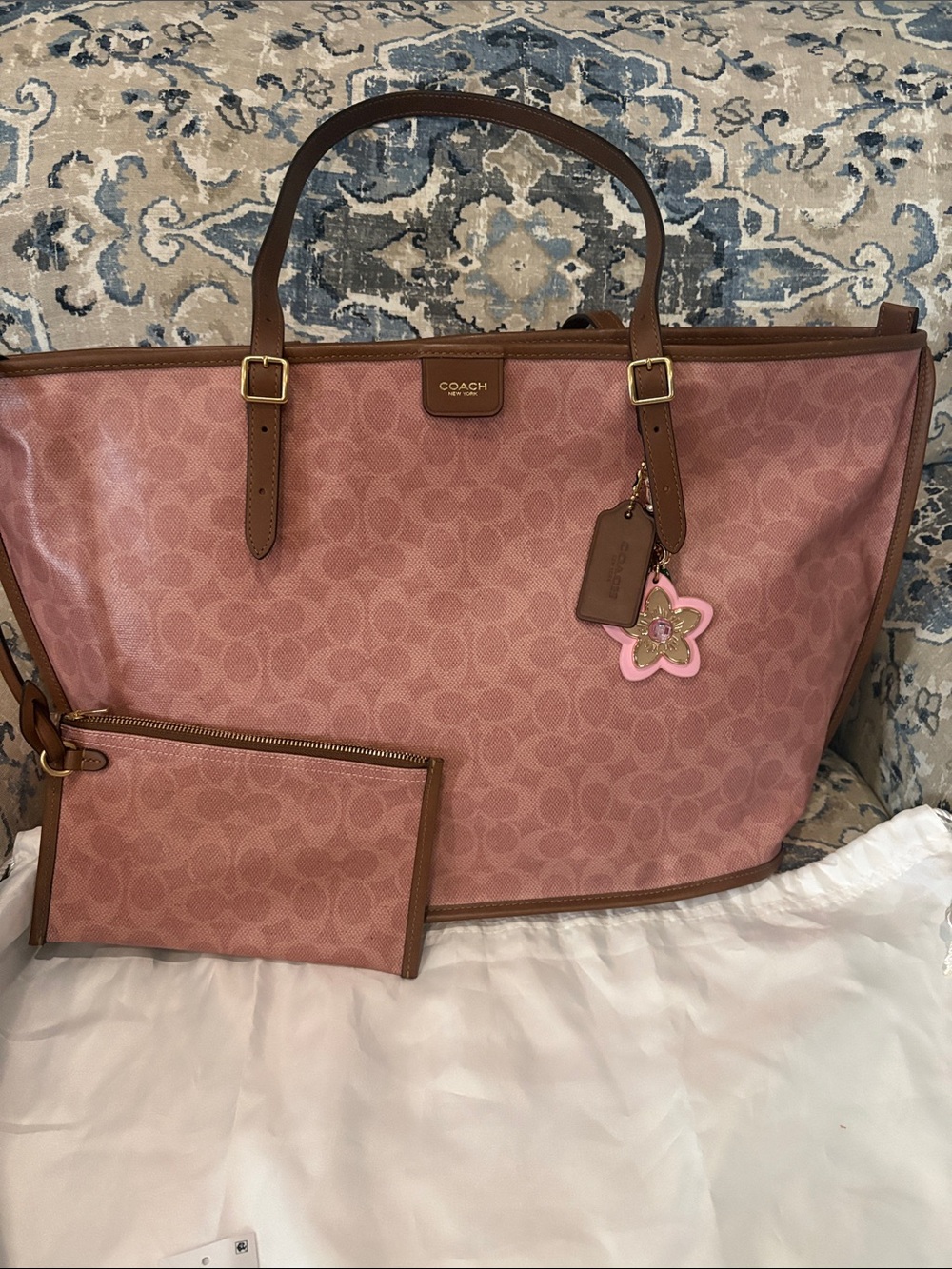 Coach Pink Signature Taxi Tote with Tan Trim and Pouch